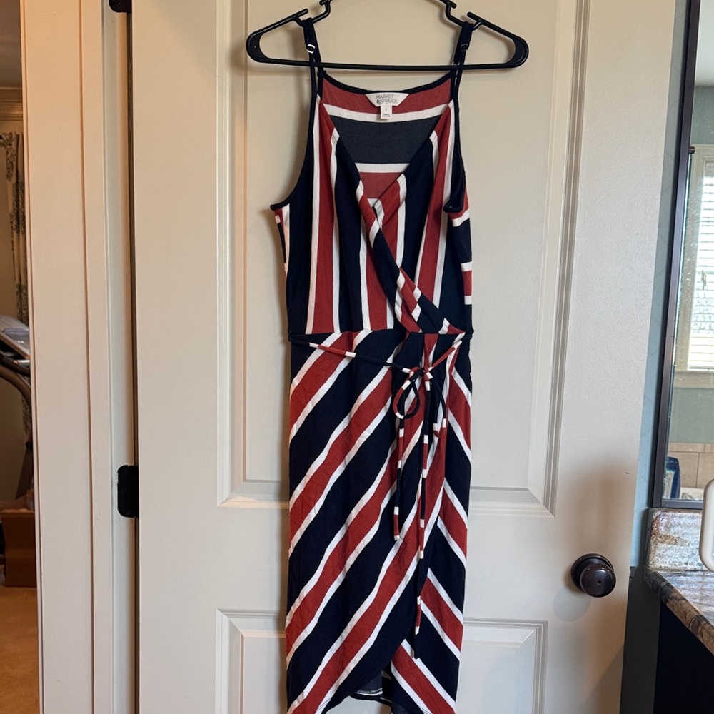 Market & Spruce Navy, Rust and White Striped Sleeveless Wrap Midi Dress